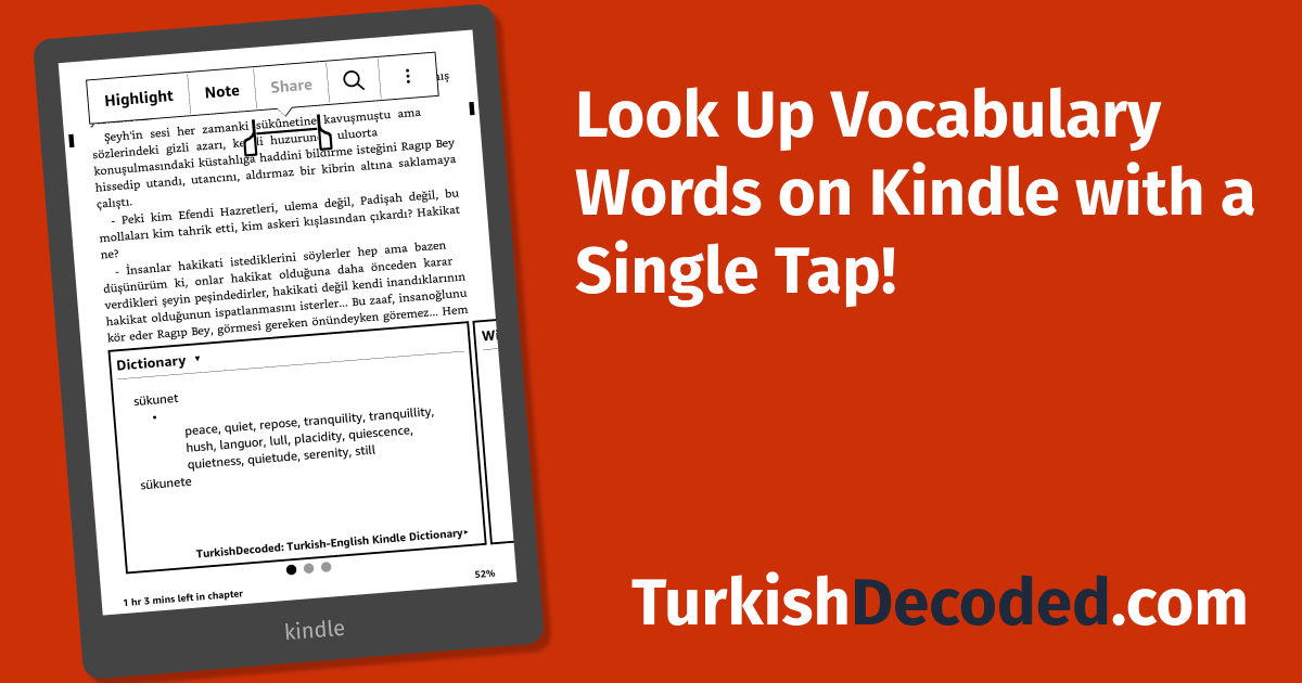 Kindle reader showing the TurkishDecoded TR-EN dictionary in use